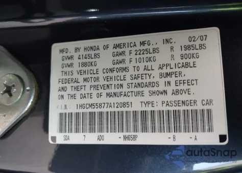 2007 Honda Accord 2.4 Ex z USA, uszkodzony, nr VIN 1HGCM55877A120851